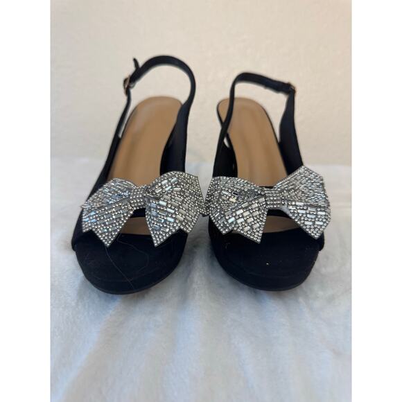 Boutique Faux Suede Slingback Heels Rhinestone Bow - Picture 2 of 5